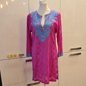 Sulu Collection Sabrina Cotton Boho Embroidered Tunic Pink & Turquoise Size 6